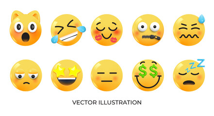 Set of Emoji icons. Realistic Yellow Glossy 3d Emoticons face on various topics. Pack 6. Vector 3d illustration