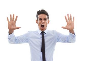 Angry, stop and portrait or business man with hands, shout or caution on isolated, transparent or png background. Protest, palm and face of male entrepreneur with emoji no, rejection or warning vote