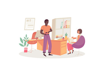 Business office concept with people scene in the flat cartoon style. Two business people working in the office together.  illustration.