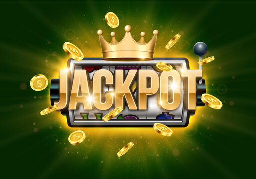Shining sign Jackpot with slot machine, gold crown and coins on a bright background. Vector illustration.