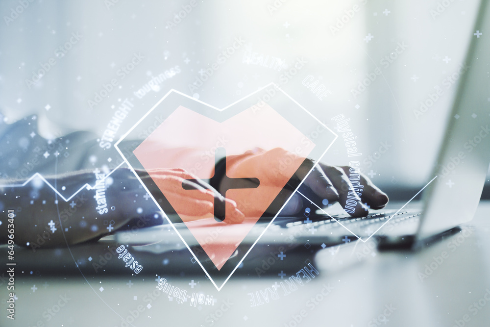 Aufkleber creative abstract heart pulse hologram and hands typing on computer keyboard on background, online m