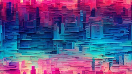 Abstract Wallpaper, cityscape pattern, seamless, Retro wave style, soft neon colors, gradient, Wood carving layers, background
