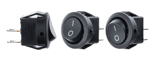 Front device panel with detailed black power switch button. Black power switches at ON and OF position, isolated on white background