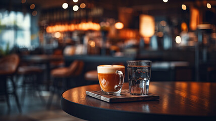 photograph of Blurred background image of coffee shop wide angle lens realistic lighting - obrazy, fototapety, plakaty