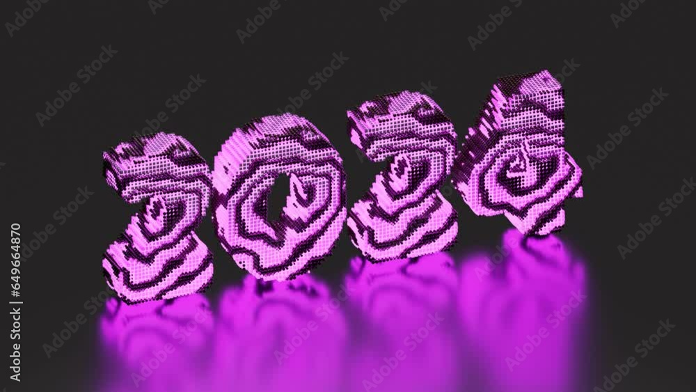 Poster loop 3d animation. the date of 2024 is made of balls and cubes. wave displacement and text structure