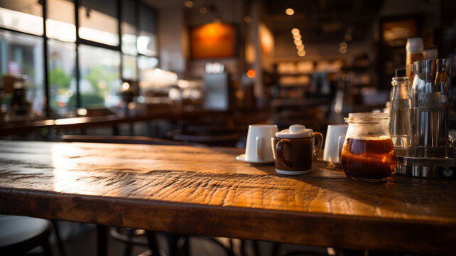 photograph of Blurred background image of coffee shop wide angle lens realistic lighting