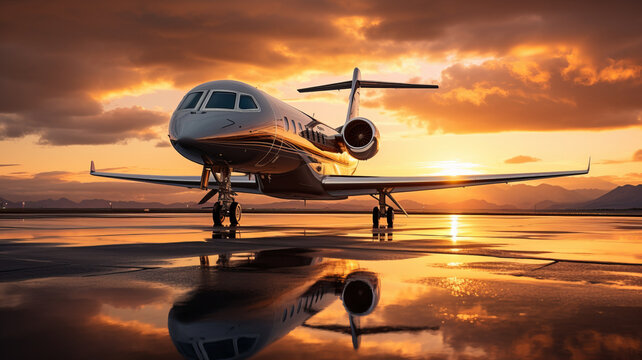 photograph of Luxury private vip business jet macro lens sunset lighting