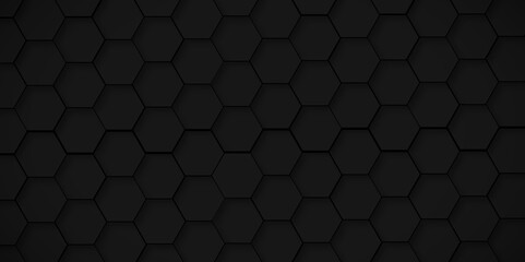 Background of abstract black 3d hexagon background design a dark honeycomb grid pattern. Abstraction futurstic technology dark black 3d background. Black geometric background for design.