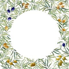 Olive square frame with circle centre. Branches with leaves and fruits. Hand drawn watercolor illustration, isolated on white background.