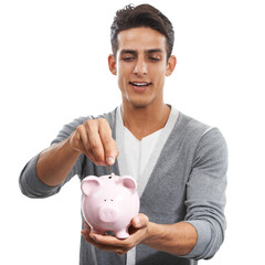Man, piggy bank and coin, savings with finance and money management for future isolated on png...