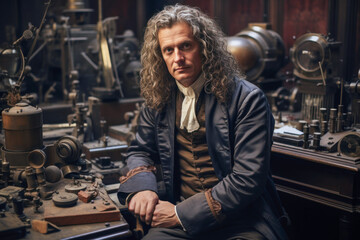 Sir Isaac Newton, the eminent English mathematician, physicist, and astronomer, renowned for his laws of motion and universal gravitation