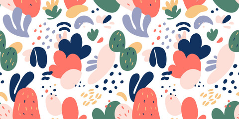 Abstract nature flower plant leaf art seamless pattern with colorful doodle shape. Organic leaves cartoon background, simple floral shapes in modern pastel colors. 