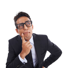 Business, questions and face of man with thinking emoji on isolated, transparent and png background. Why, idea and male entrepreneur with doubt gesture for faq, ask or decision, choice or planning