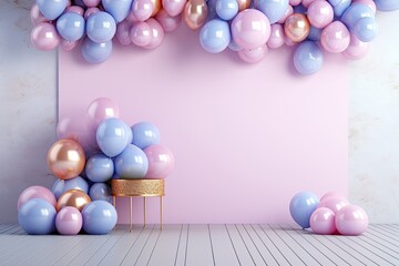 Obraz na płótnie Canvas birthday presentation with pink and gold balloons, in the style of photorealistic still lifes, light sky-blue and light purple, rtx on, photobash, modern, spatial, repetitive