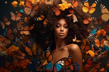 Illustration, Stunning afrowoman covered with beautiful butterflies, close up. art.  © Enrique