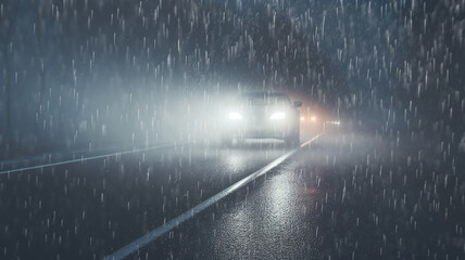 rain autumn headlights car highway fog, background with a copy of the space, oncoming car with fog lights in motion - obrazy, fototapety, plakaty