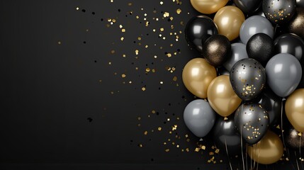 black and black foil gold balloons with confetti on dark background, in the style of gray and beige, modern