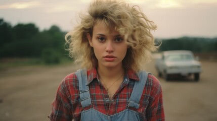 Natural youthful blonde beauty with 80's curly hairspray hairstyle, girl next door look, adorably flirty model, rural countryside flair with flannel button shirt and jeans.