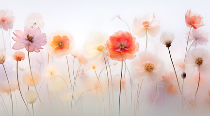 Natural background with translucent flowers and haze, white background. Spring floral gentle wallpaper