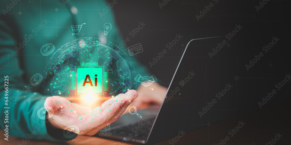 Poster Financial management and digital smart AI learn and Artificial Intelligence. Business, modern technology, internet of things. Technology and people use AI to help work. AI technology in everyday life.