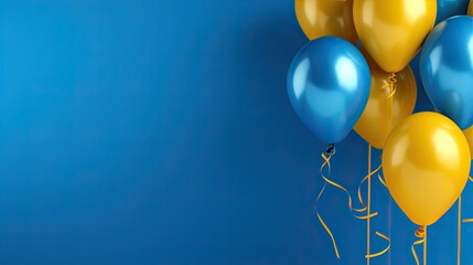 blue blue and yellow balloons on blue background, in the style of gold and blue, photorealistic pastiche