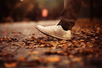 Conceptual image of legs in boots on the autumn leaves. Feet shoes walking in nature