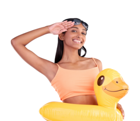 Happy woman, portrait and swimming with inflatable toy or salute on vacation on isolated or transparent png background. Excited, girl and swim in pool with funny duck floatie, bikini or swimwear