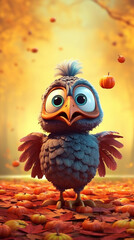 Funny baby turkey bird with big eyes in autumn forest