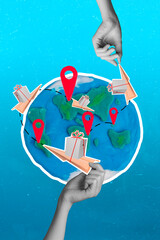 Creative 3d graphics collage painting of paper planes delivering parcels worldwide isolated drawing...