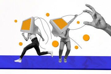 Photo collage picture of zombified people fighting propaganda addiction isolated white color...