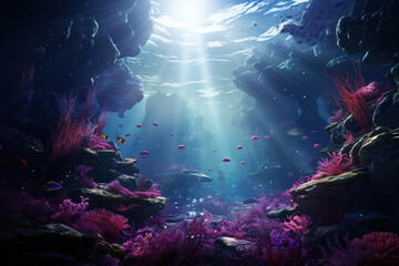 Beautiful underwater world, coral reef and fishes with sun rays, AI Generative..