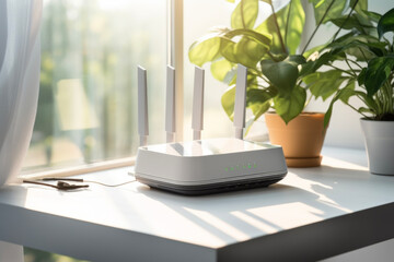 Close up wi-fi router with natural lighting of router on table in modern room and sunlight. Technical concept of communication and network. - obrazy, fototapety, plakaty