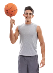Fotobehang Portrait, training and basketball with a sports man isolated on a transparent background for exercise. Fitness, smile and balance with a happy young athlete spinning a ball on PNG for health © Sumeet/peopleimages.com