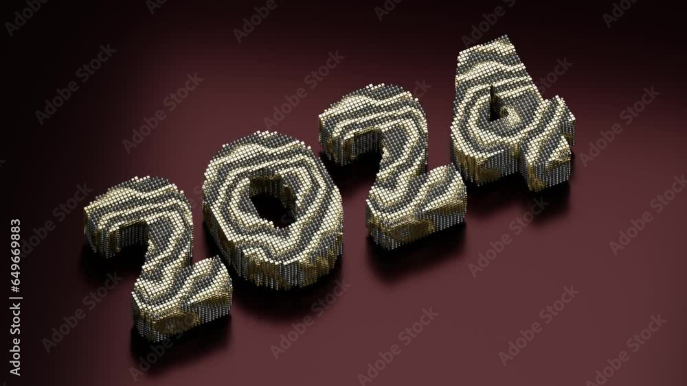 Poster loop 3d animation. the date of 2024 is made of balls and cubes. wave displacement and text structure