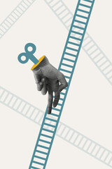 Poster image collage of human hands fingers key mechanism climb up ladder stairs isolated on...