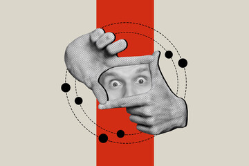 Picture collage artwork poster of funky guy photographing showing hnds fingers camera focuc isolated on drawing background