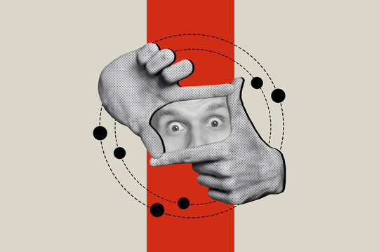 Picture collage artwork poster of funky guy photographing showing hnds fingers camera focuc isolated on drawing background