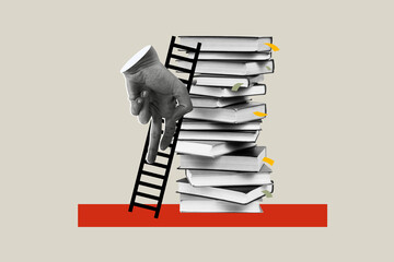 Image picture collage of human hand climb up ladder many books exam preparation isolated on painted...