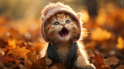 a cute little kitten is wearing a hat, posing in an autumn park among fallen yellow leaves, the background of the autumn calendar is a joke - obrazy, fototapety, plakaty