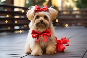  A pet dog is adorned with a colorful gift bow, showcasing the role of pets in family celebrations and gift-giving traditions - obrazy, fototapety, plakaty