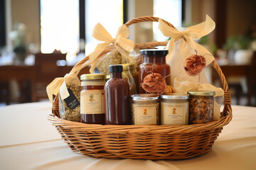 An assortment of gift baskets filled with local, artisanal products, promoting the concept of supporting small businesses