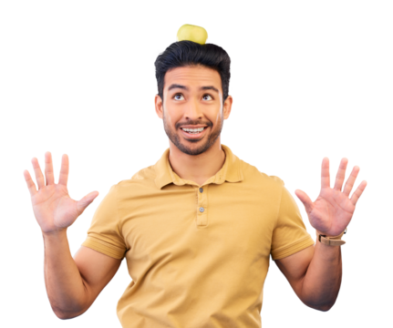 Funny, man and balance apple on head for comedy, trick or performance on isolated, transparent or png background. Happy, comic and person balancing fruit on hair for healthy, diet or nutrition