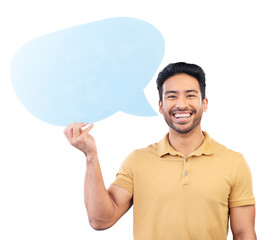 Man, speech bubble and portrait with smile for social media, opinion and comment on isolated,...