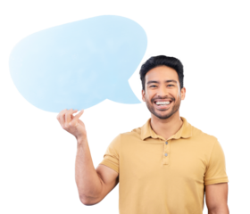 Man, speech bubble and portrait with smile for social media, opinion and comment on isolated, transparent or png background. Poster, sign and Indian student with billboard, mockup space and speech