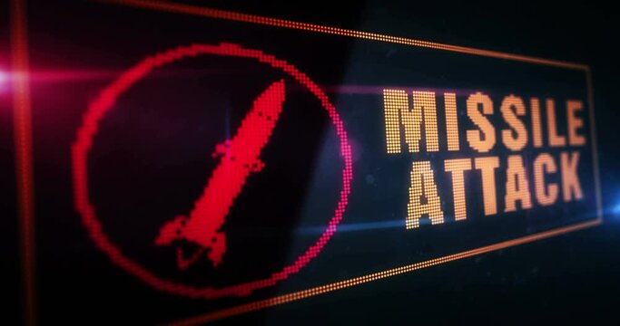 Missile Attack symbol light flashing on digital display. Alarm and warning icon on pixel led screen. Close-up abstract concept.
