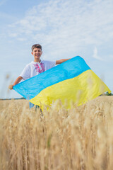 Pray for Ukraine. Child with Ukrainian flag in wheat field. Cute boy waving national flag praying for peace. - 649671262