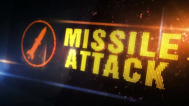 Missile Attack symbol light flashing on digital display. Alarm and warning icon on pixel led screen. Close-up loopable and seamless abstract concept.