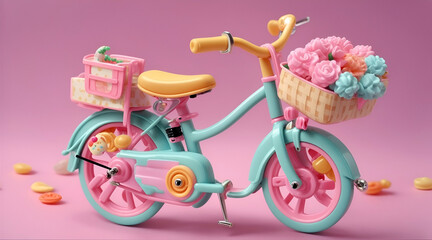 Fototapeta na wymiar A hyper-realistic depiction of kawaii miniature bicycles on a pink background.