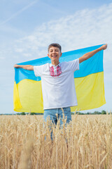 Pray for Ukraine. Child with Ukrainian flag in wheat field. Cute boy waving national flag praying for peace. - 649671678