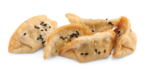 Delicious gyoza (asian dumplings) with sesame isolated on white